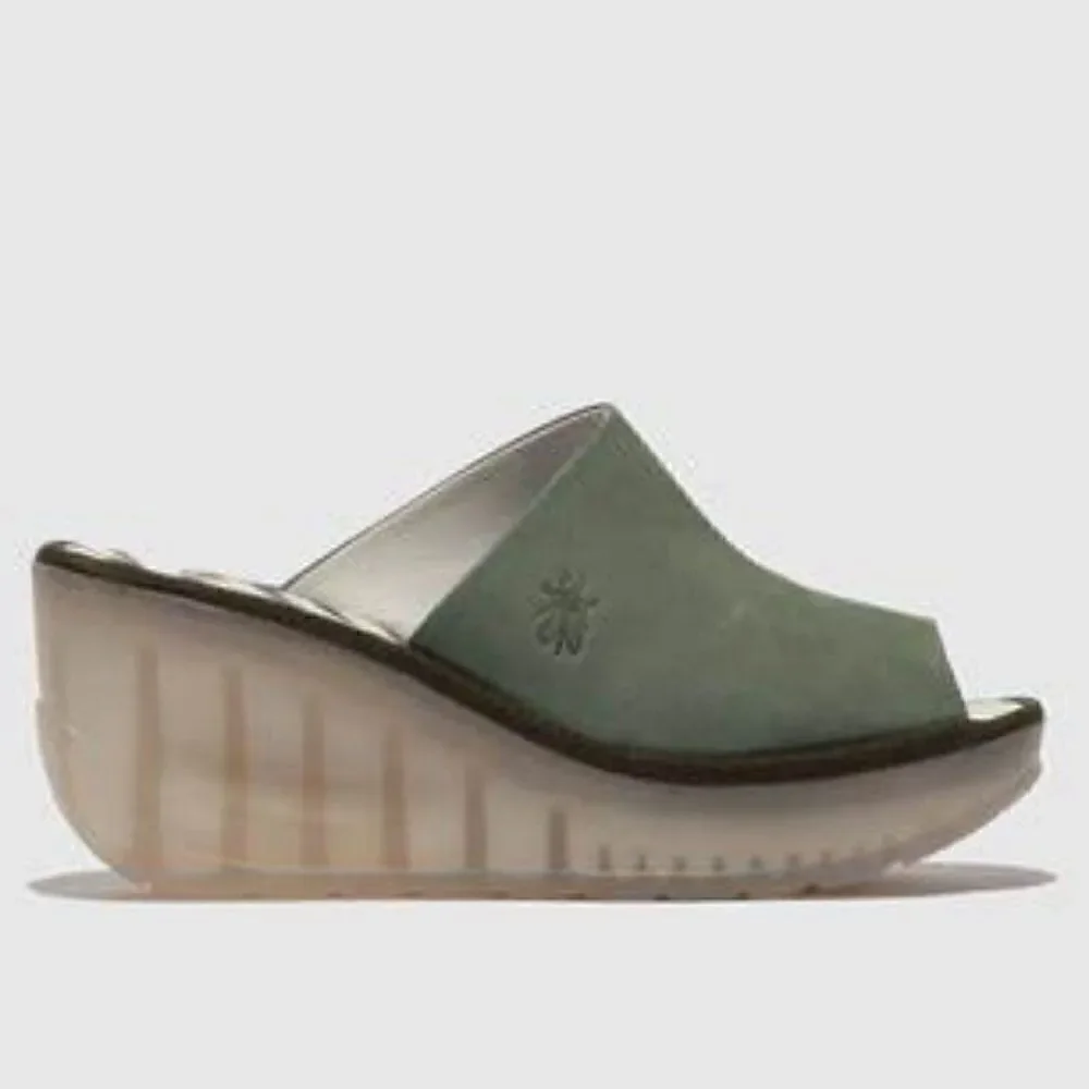 NWT Fly London Jade Green Wedge Slides